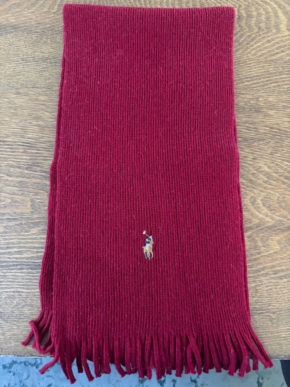 Ralph Lauren Wine Red Knit Wool Scarf with Embroidered Pony